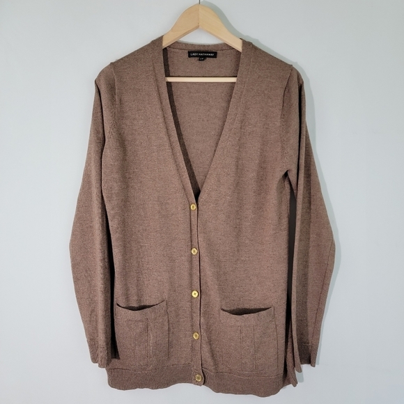 LADY HATHAWAY Women's Brown Wool Blend Button Front Cardigan Size L/G Pockets - Picture 12 of 12